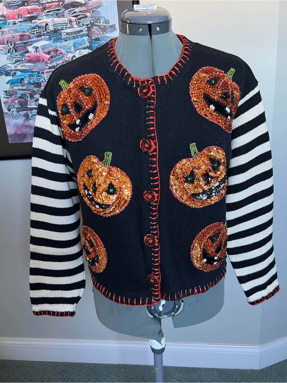 Bellepointe M Embroidered Halloween Sweater Cardigan Fall Beetlejuice Pumpkin